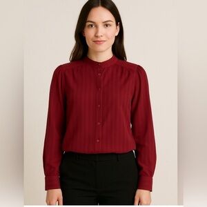 Modcloth Cranberry Mulberry Button-Up Long Sleeve Satin Subtle Striped Blouse
